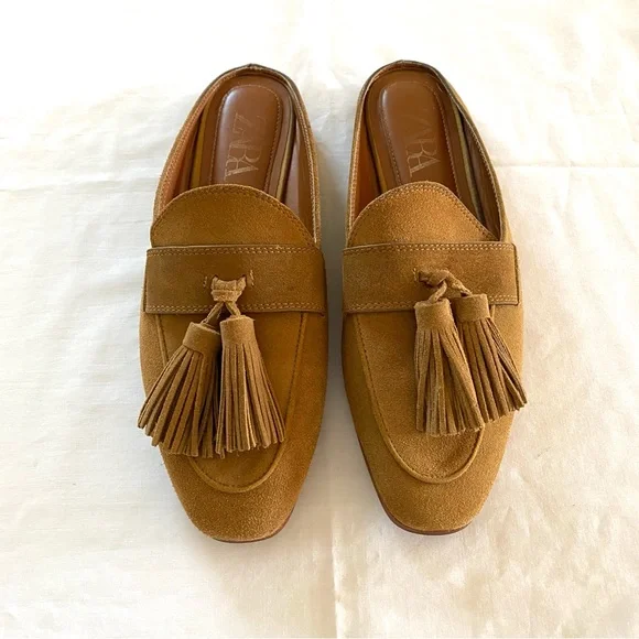 Zara Suede Tan/Brown Loafer Mules Women’s EU 39 Slip-On Flats Tassel - Picture 3 of 11